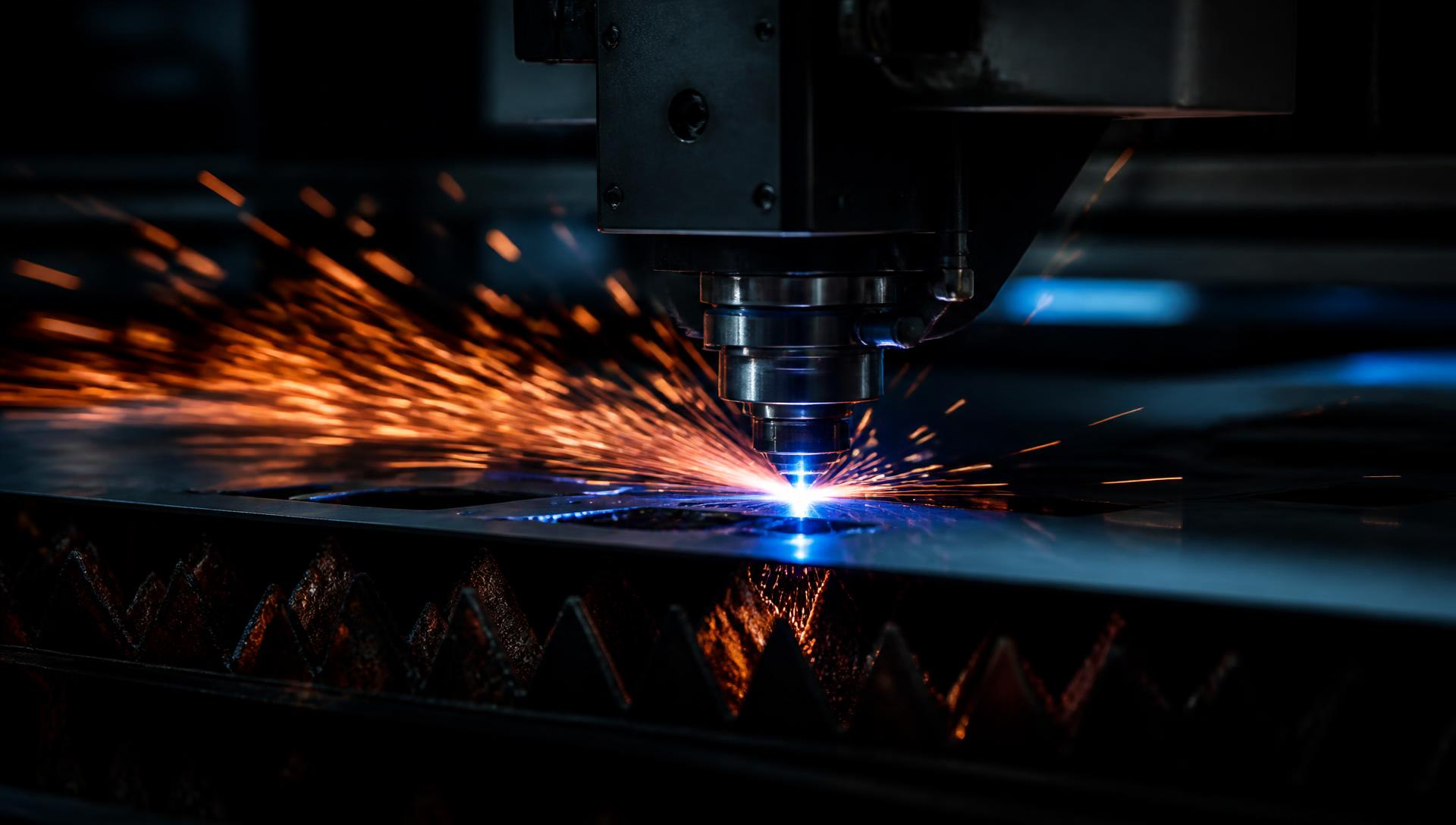 Fibre laser cutting head cutting steel sheet with sparks